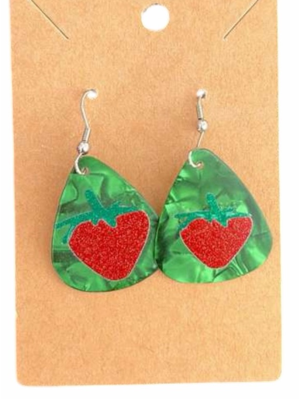 Green Gutair pick Earrings with Red Strawberry Accent